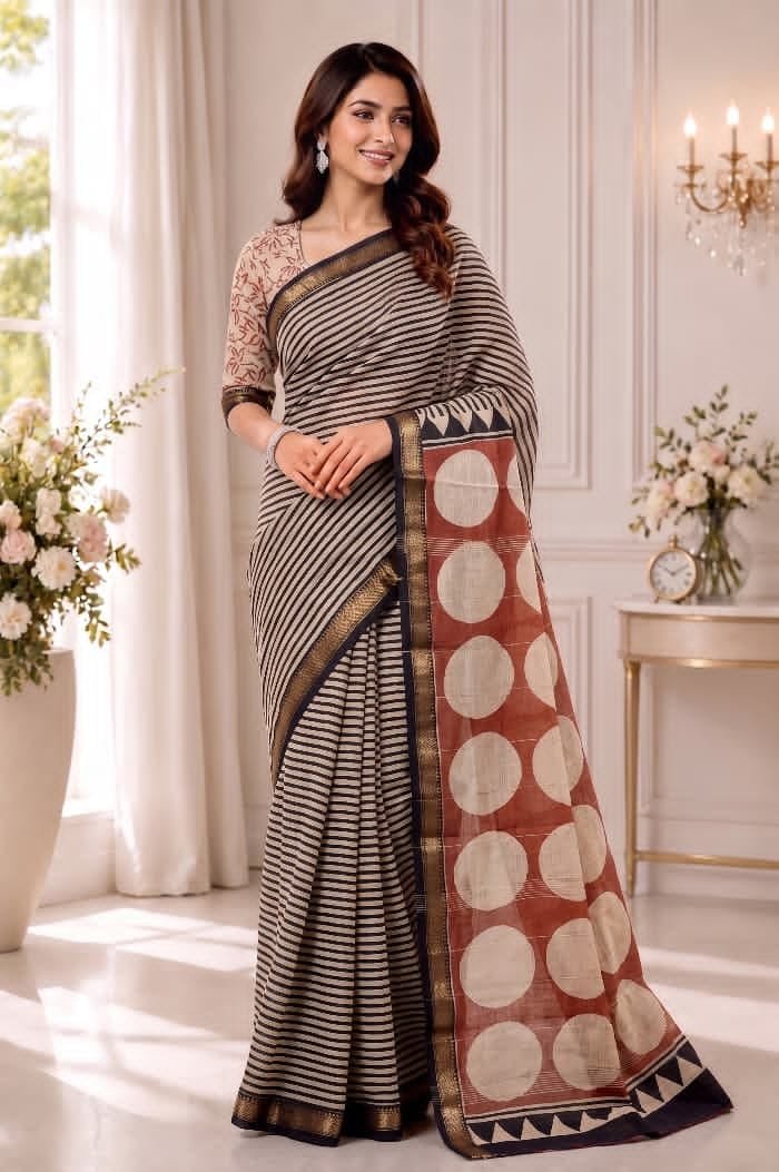 Hand Block Printed Rib Maheshwari Saree