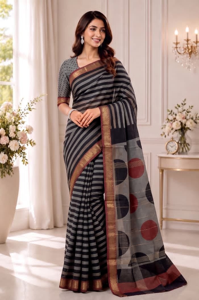 Hand Block Printed Rib Maheshwari Saree