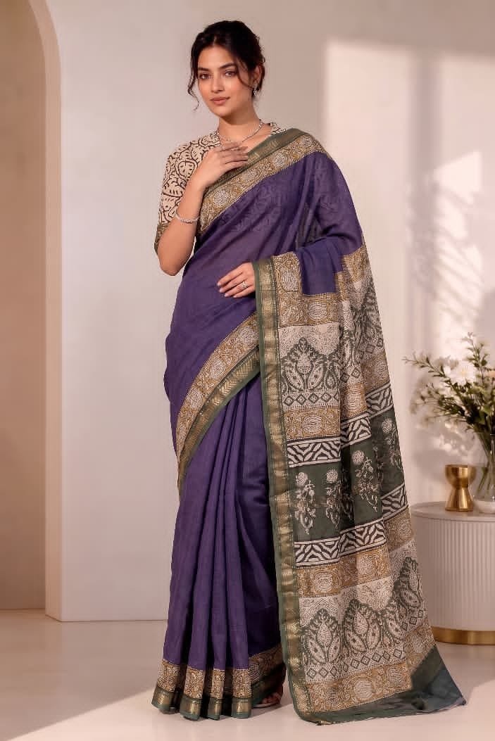 Hand Block Printed Rib Maheshwari Saree
