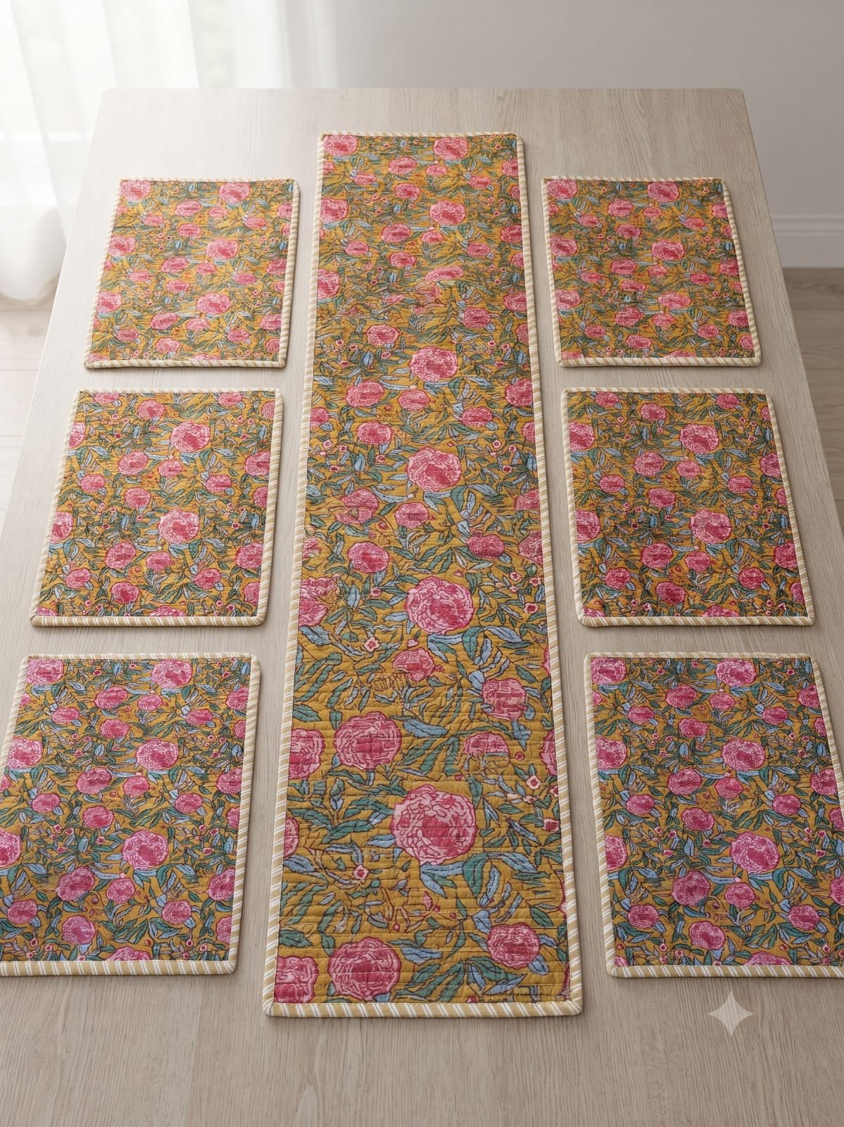 Cotton Printed Quilted Table Runne Mat set