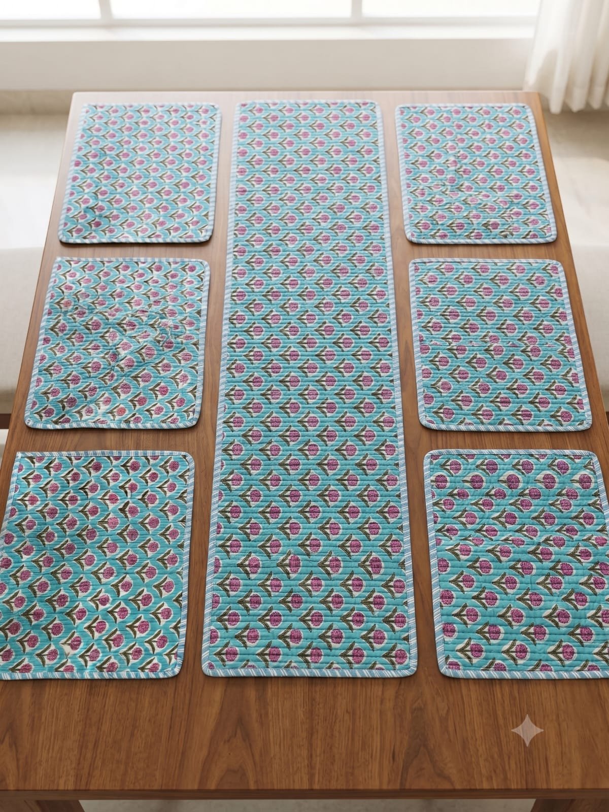Cotton Printed Quilted Table Runne Mat set