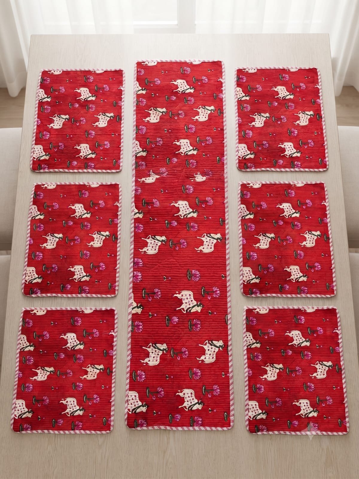 Cotton Printed Quilted Table Runne Mat set