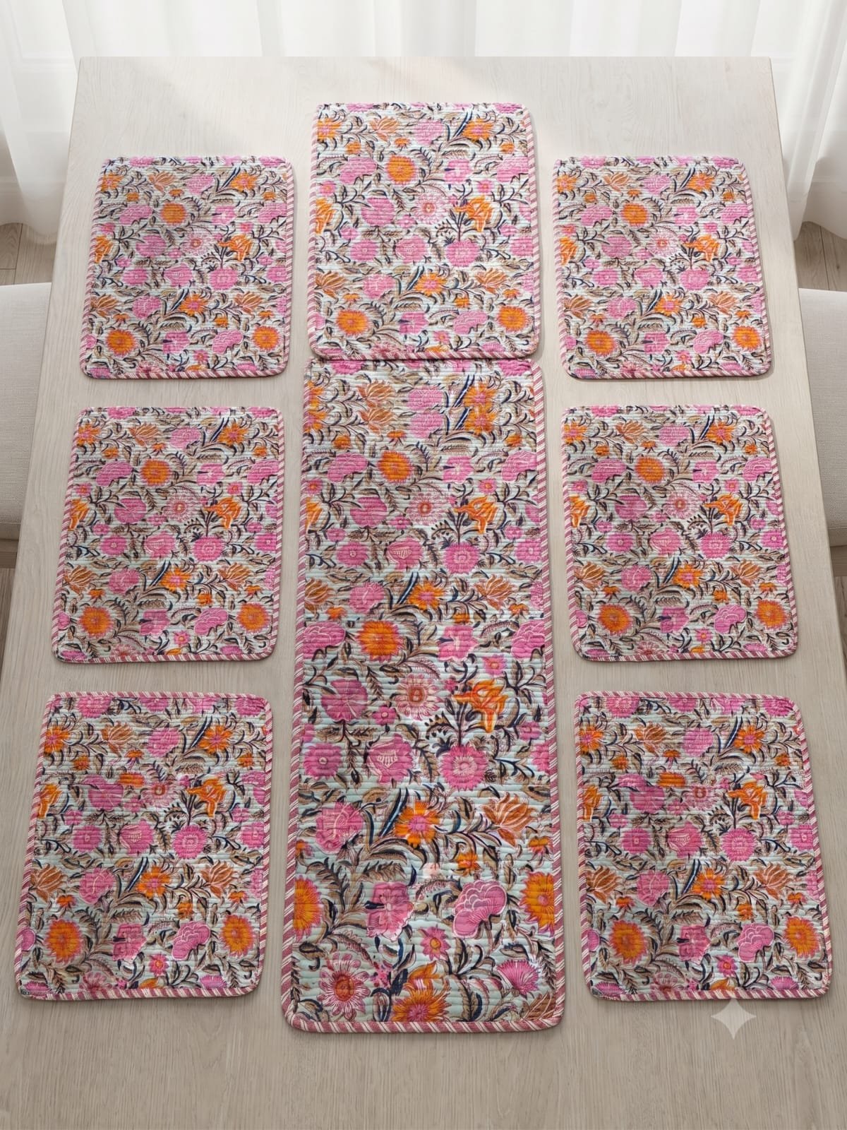 Cotton Printed Quilted Table Runne Mat set