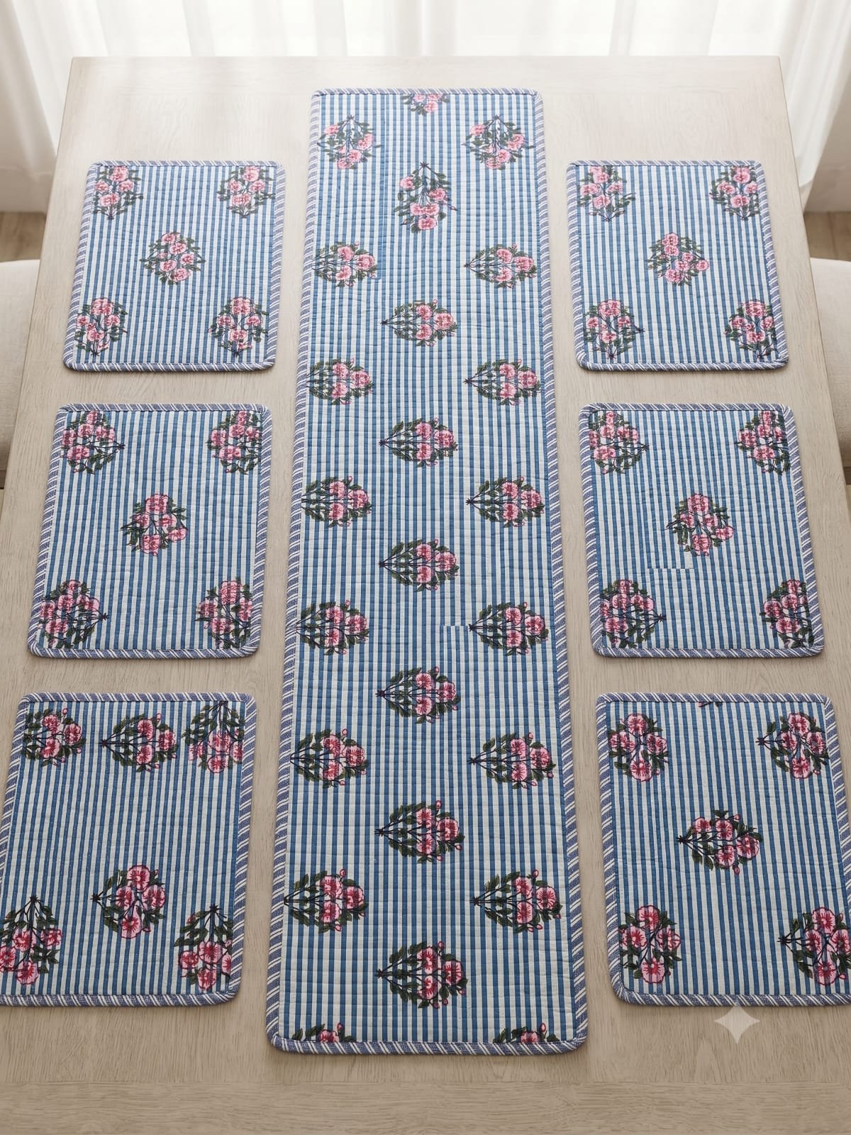 Cotton Printed Quilted Table Runne Mat set