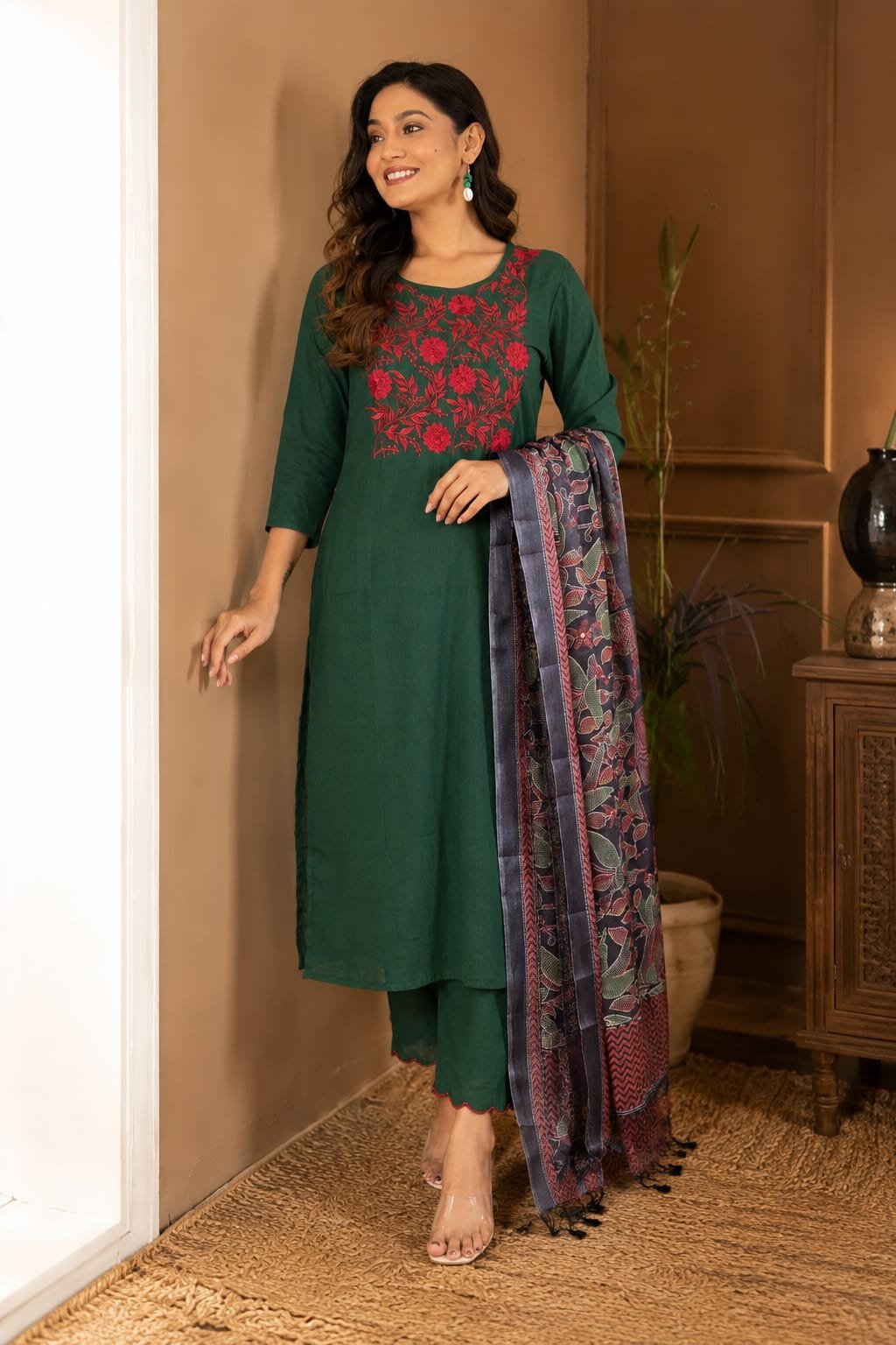 Cotton Khadi Embroidered Stitched Suit Set