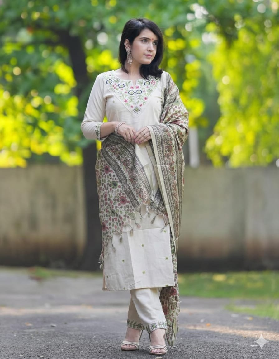 Cotton Flex Embroidered Stitched Suit Set