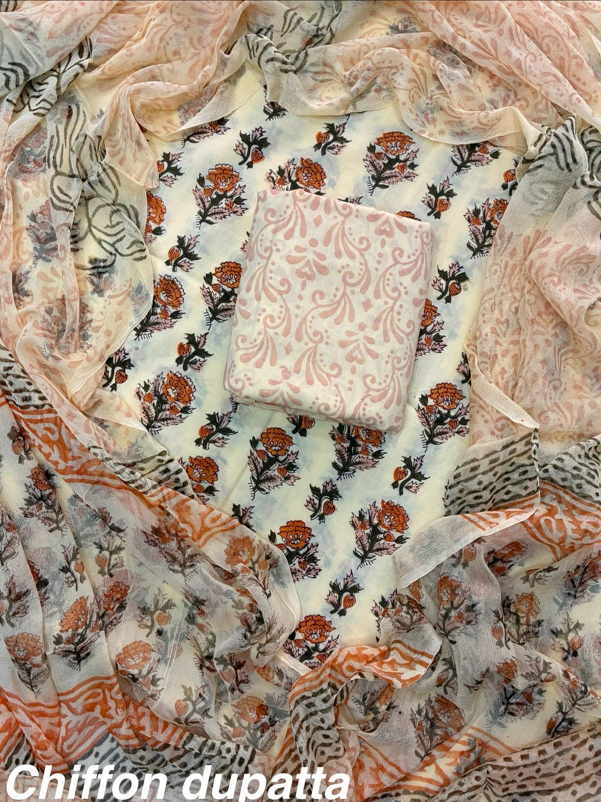 Cotton Printed Chiffon Dupatta Suit Set