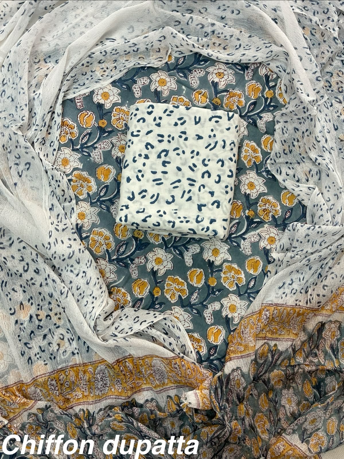 Cotton Printed Chiffon Dupatta Suit Set