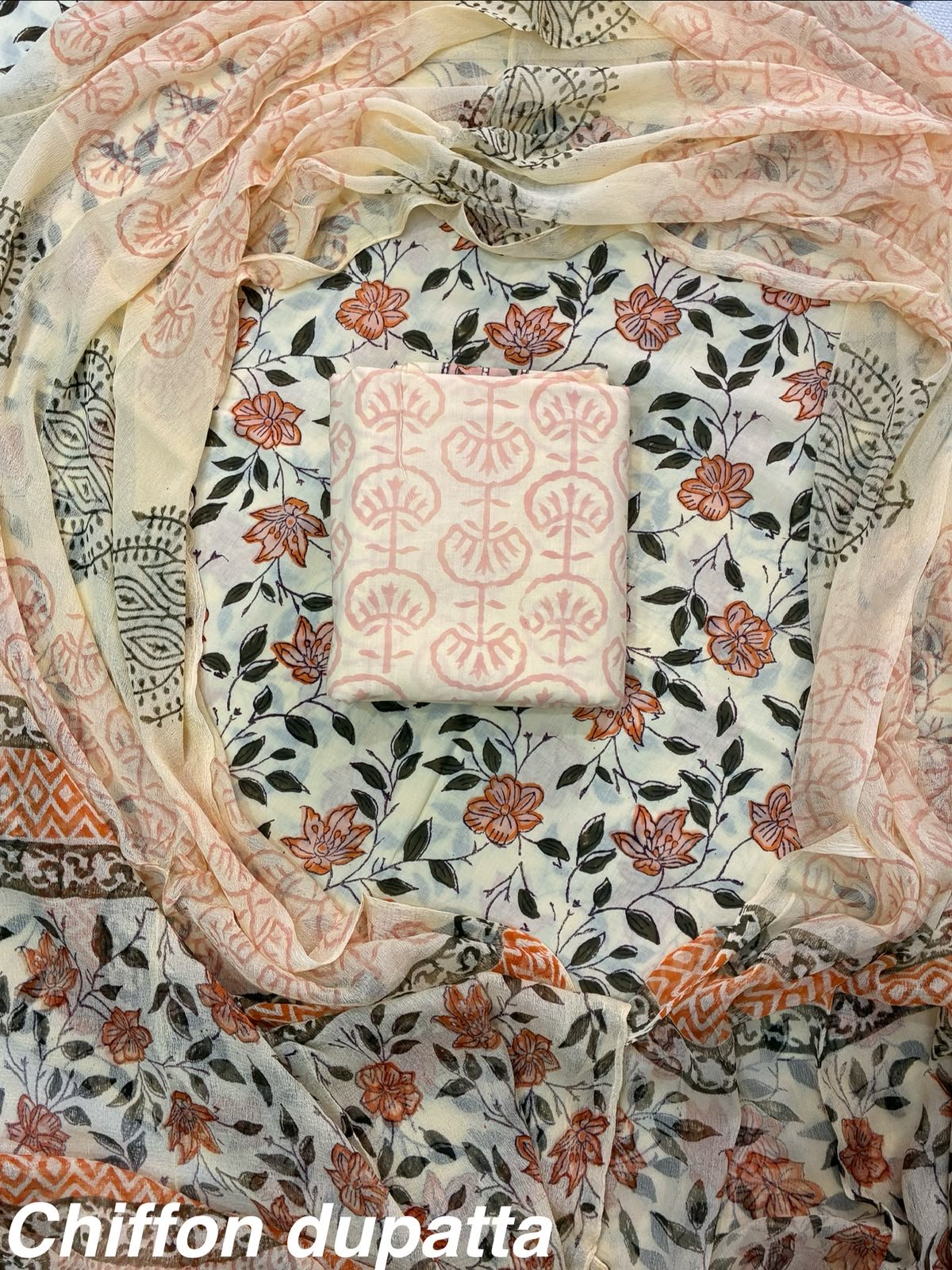 Cotton Printed Chiffon Dupatta Suit Set