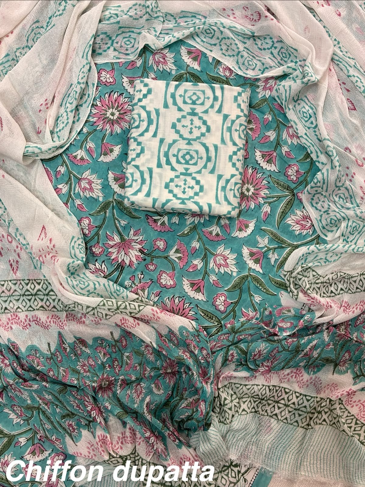 Cotton Printed Chiffon Dupatta Suit Set
