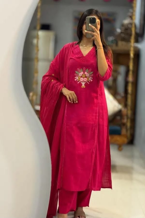 Cotton Slub Embroidered Stitched Suit Set