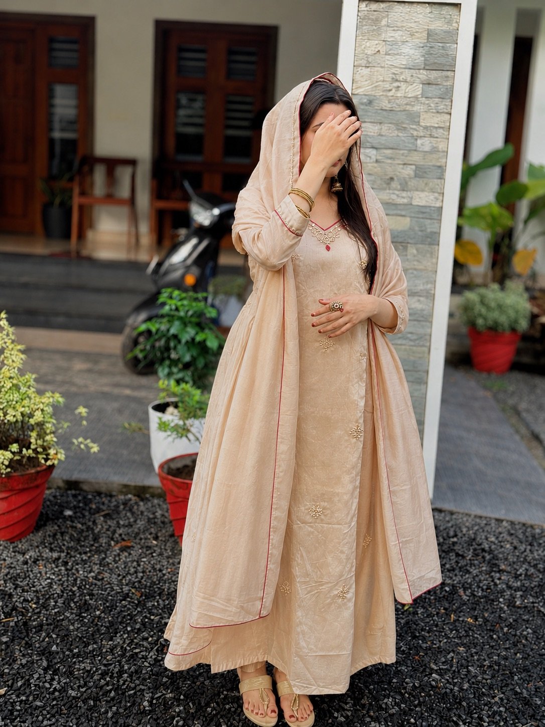 Embroidered Mull Chanderi Anarkali Stitched Suit Set