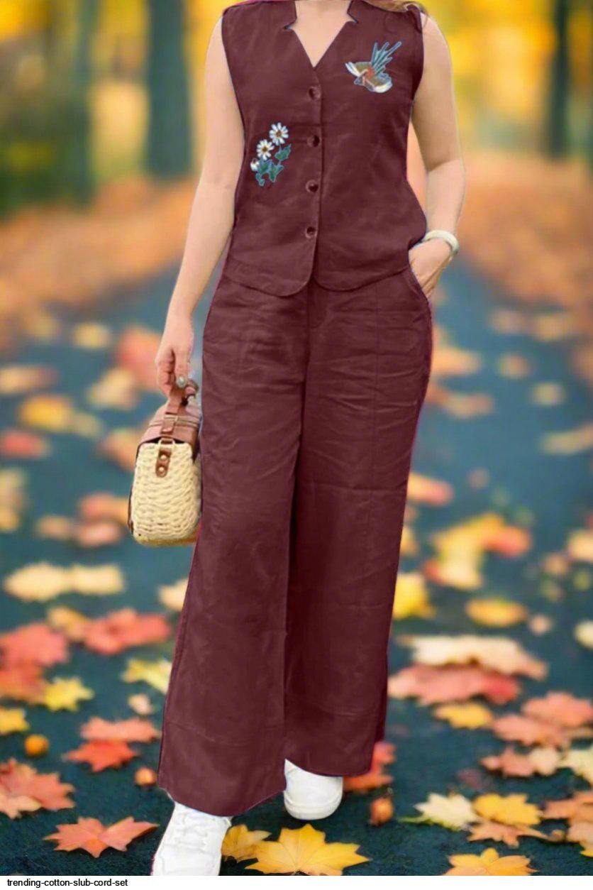 Cotton Slub Embroidered Cord Set
