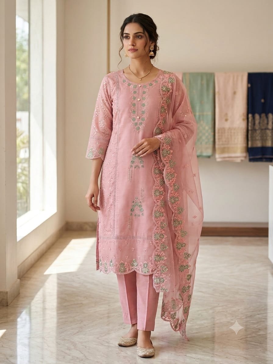 Roman Silk Embroidered Stitched Suit Set