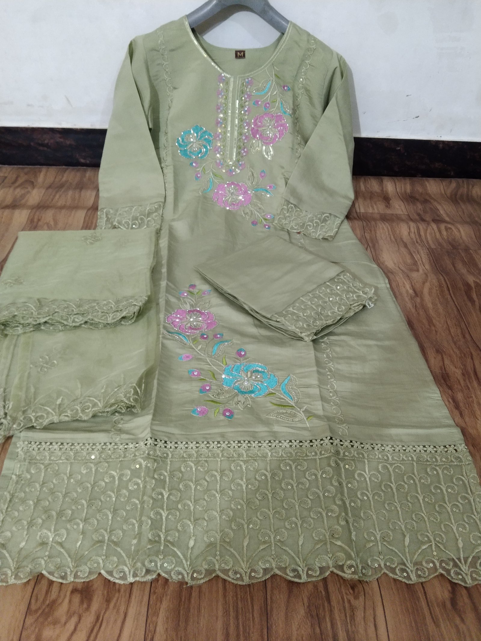 Roman Silk Embroidered Stitched Suit Set