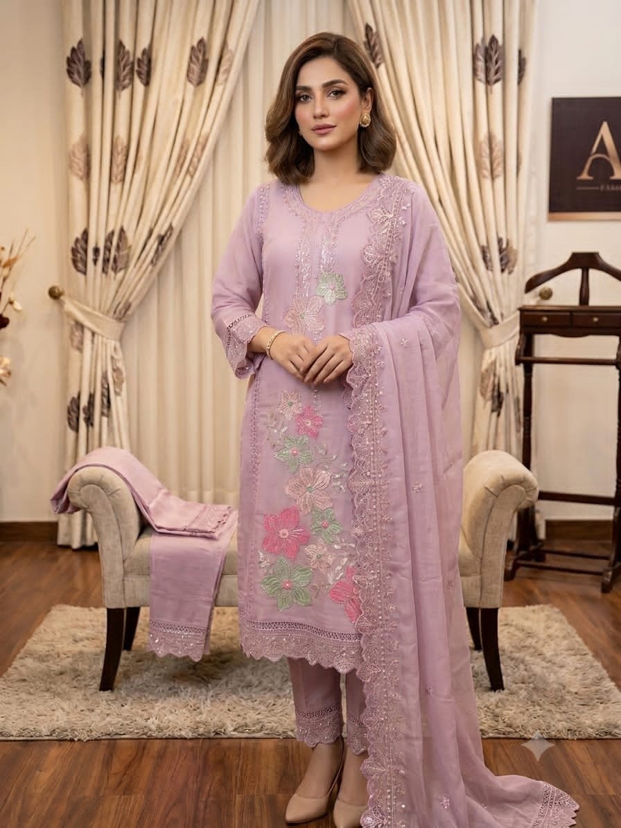 Roman Silk Embroidered Stitched Suit Set
