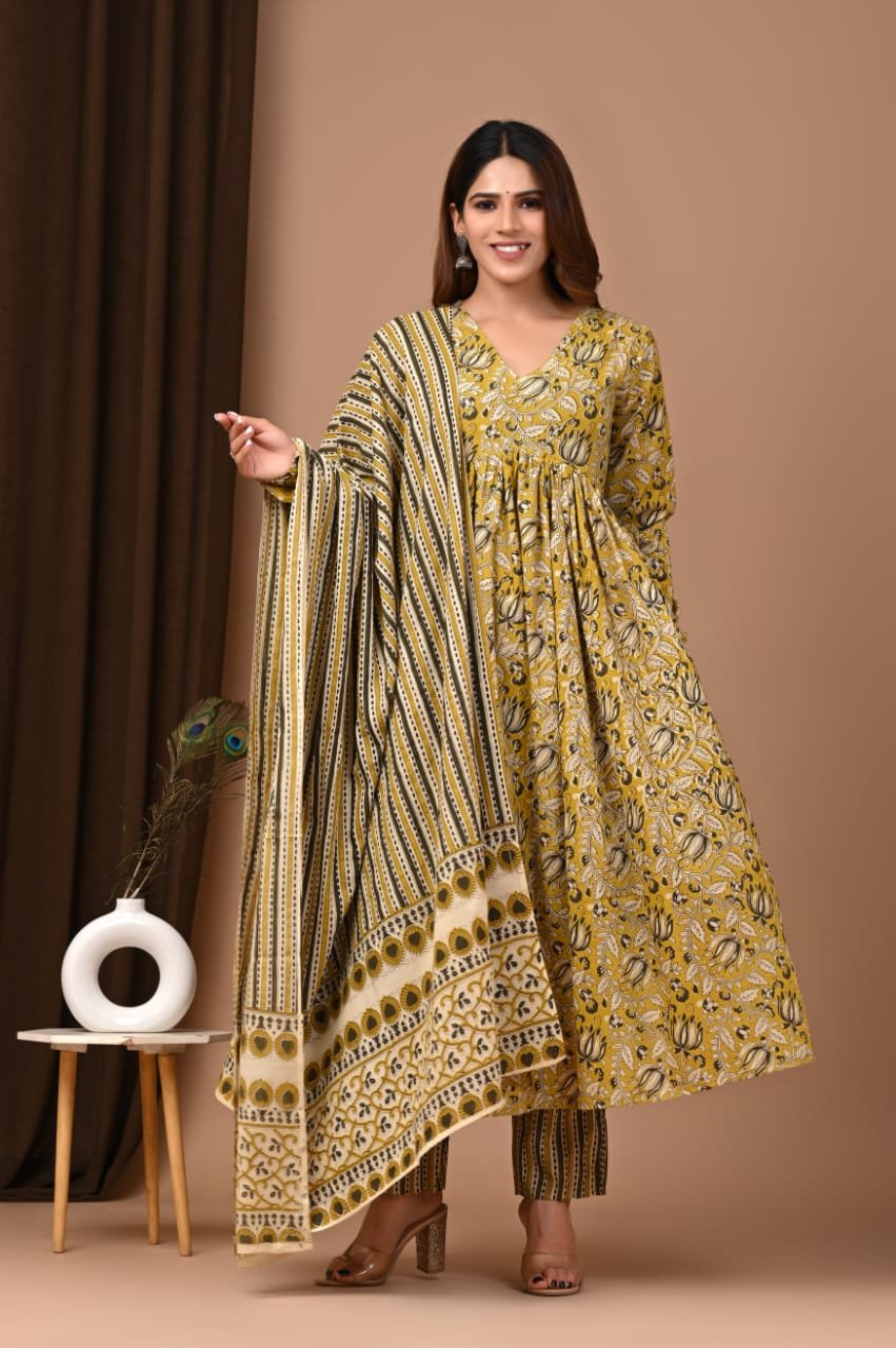 Cotton Printed Anarkali Stitched Suit Set