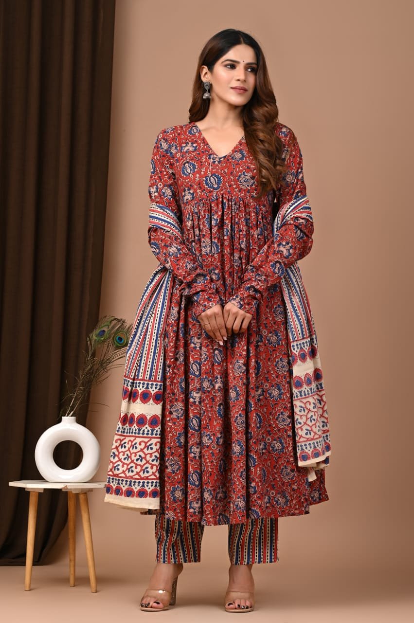 Cotton Printed Anarkali Stitched Suit Set
