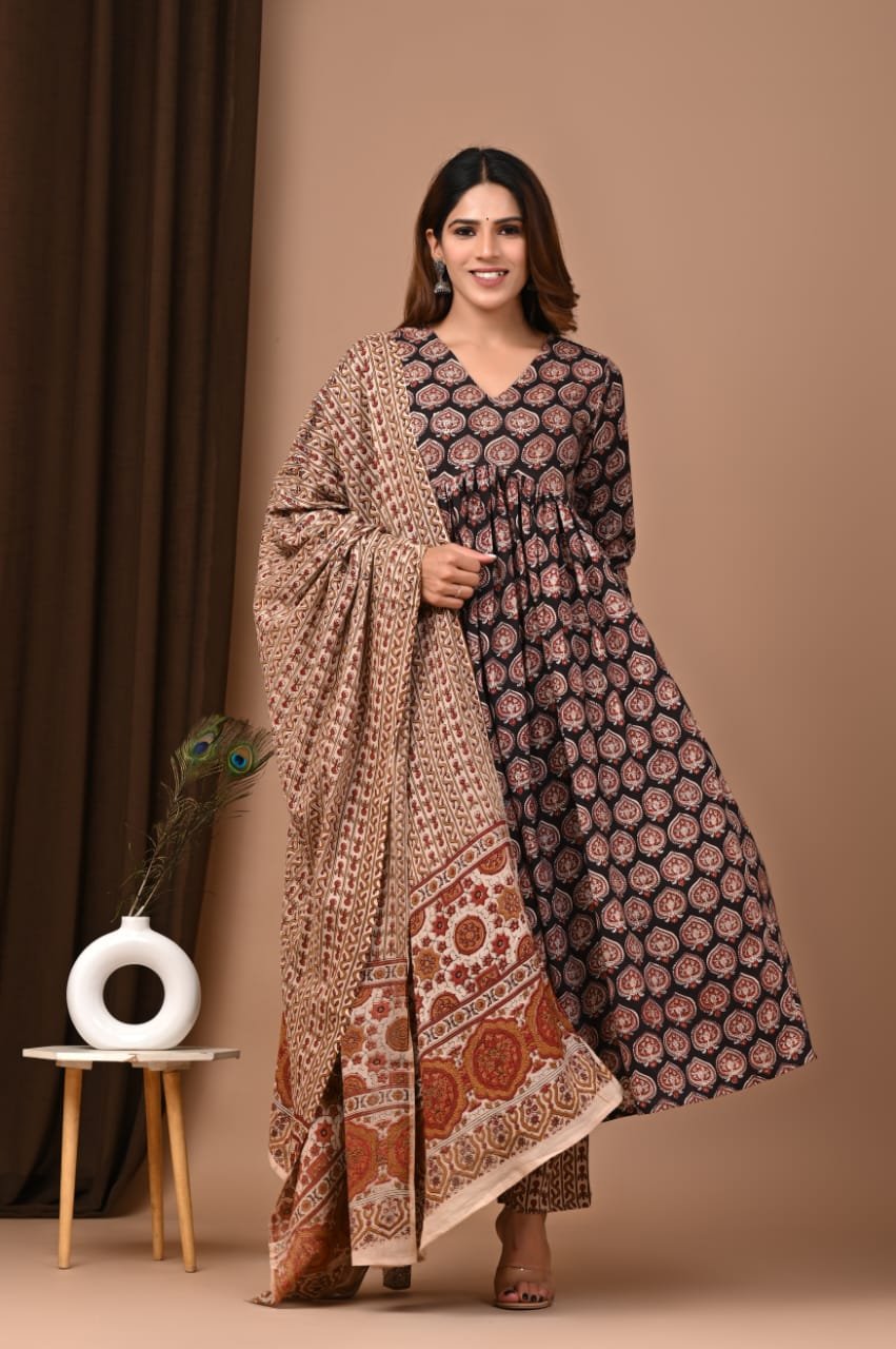 Cotton Printed Anarkali Stitched Suit Set