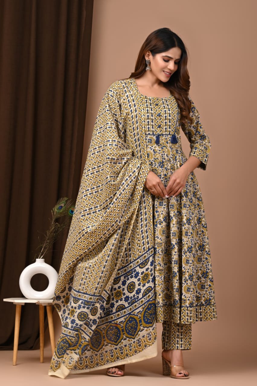 Cotton Printed Anarkali Stitched Suit Set