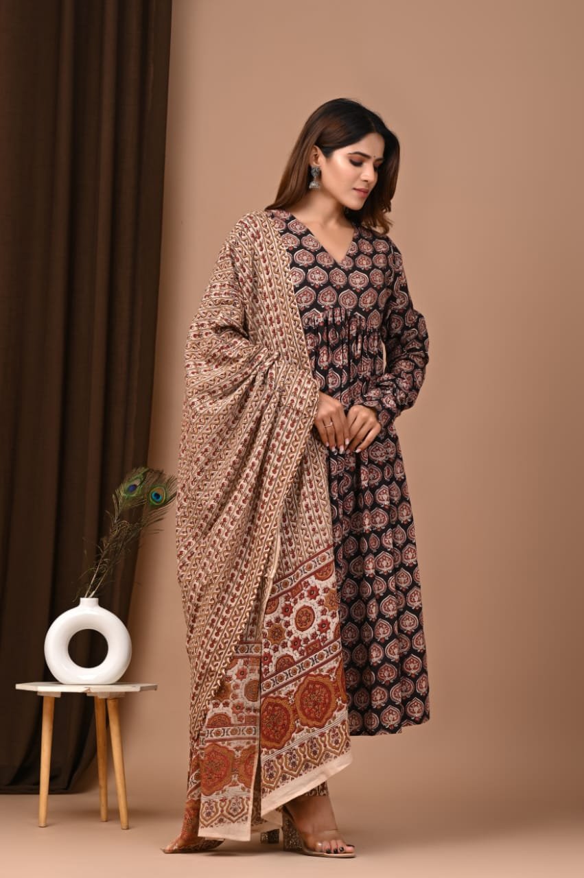 Cotton Printed Anarkali Stitched Suit Set