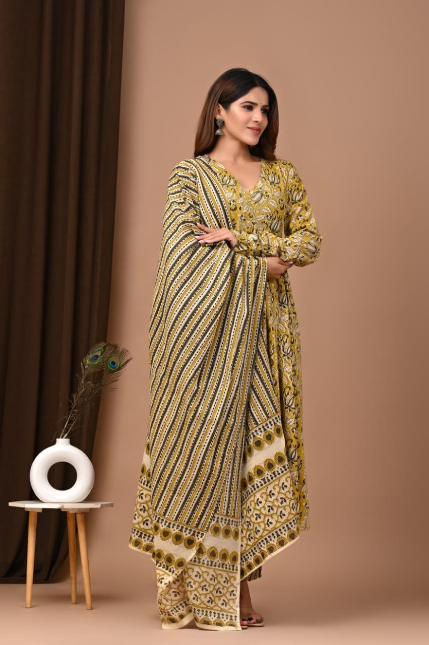 Cotton Printed Anarkali Stitched Suit Set