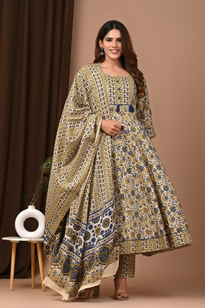 Cotton Printed Anarkali Stitched Suit Set