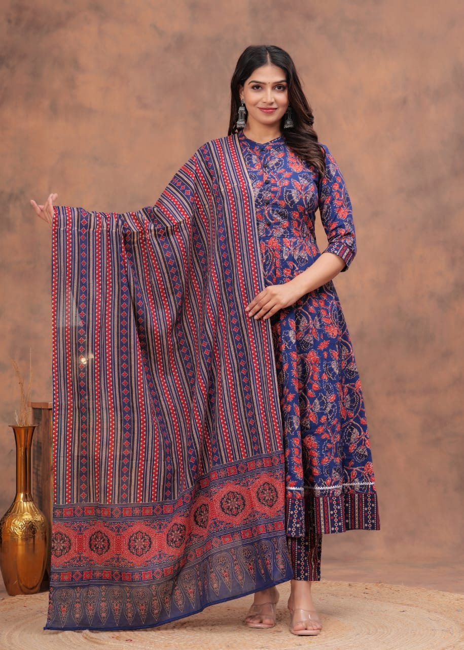 Cotton Printed Anarkali Stitched Suit Set