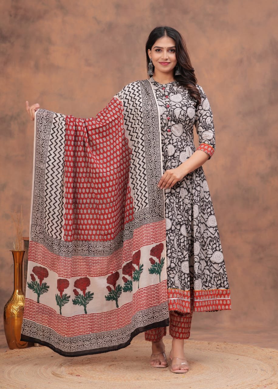 Cotton Printed Anarkali Stitched Suit Set