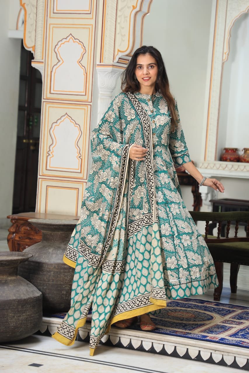 Cotton Printed Anarkali Stitched Suit Set
