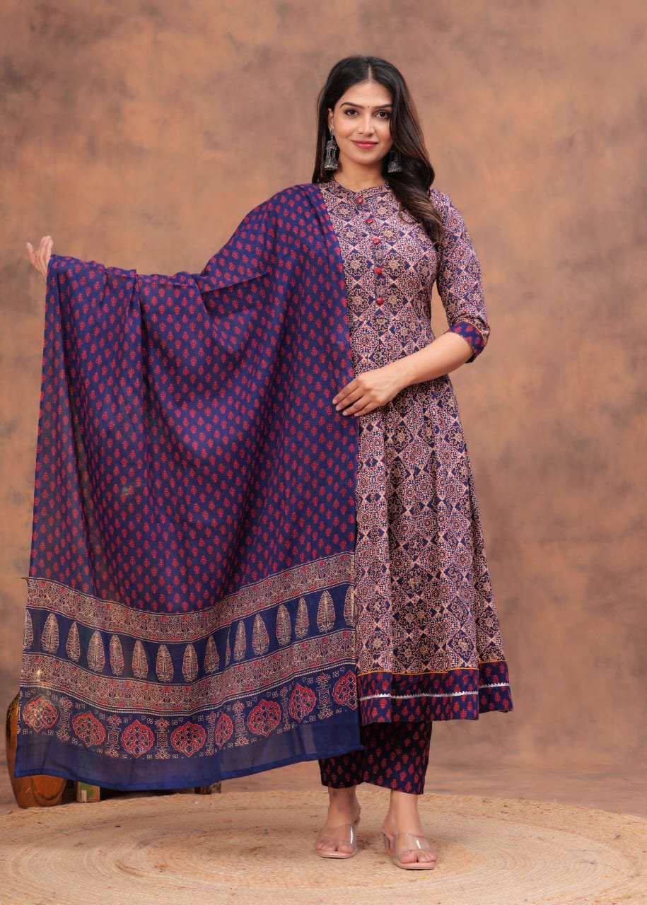 Cotton Printed Anarkali Stitched Suit Set