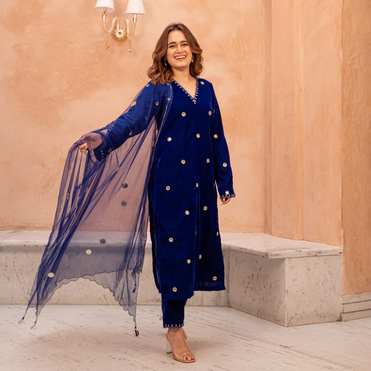 Velvet Embroidered Stitched Suit Set