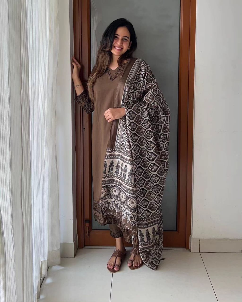 Cotton Khadi Embroidered Stitched Suit Set