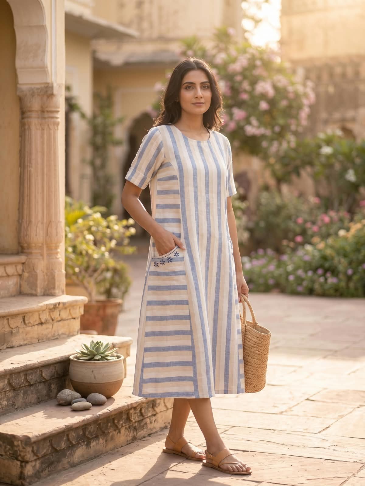 Cotton Khadi Striped Dress